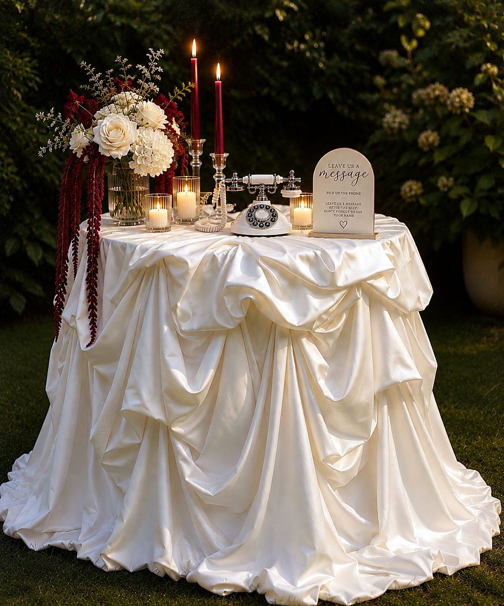 Vintage phone on a draped ivory table with candles and florals