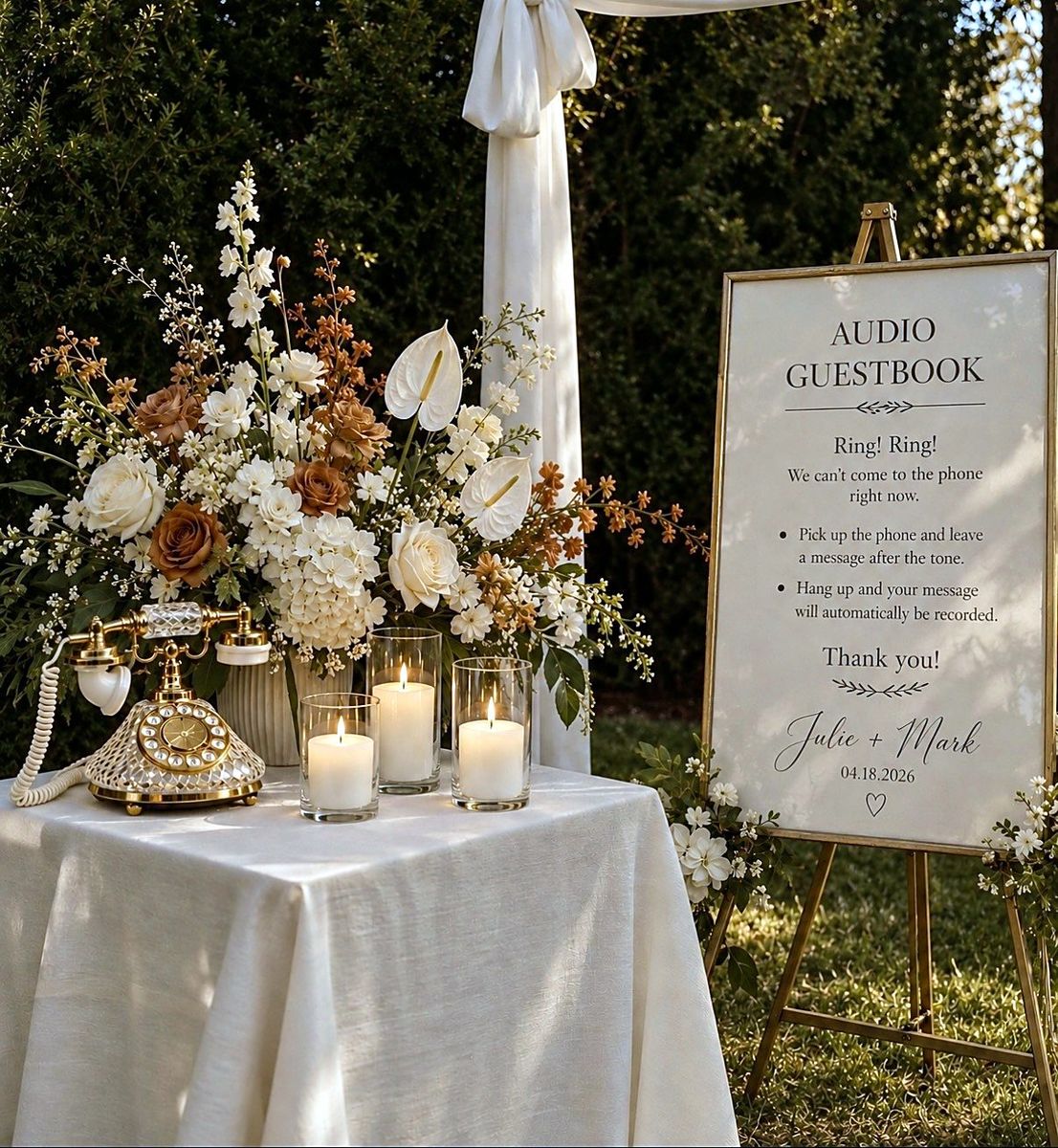 Gold crystal phone with candles and florals beside an audio guestbook sign