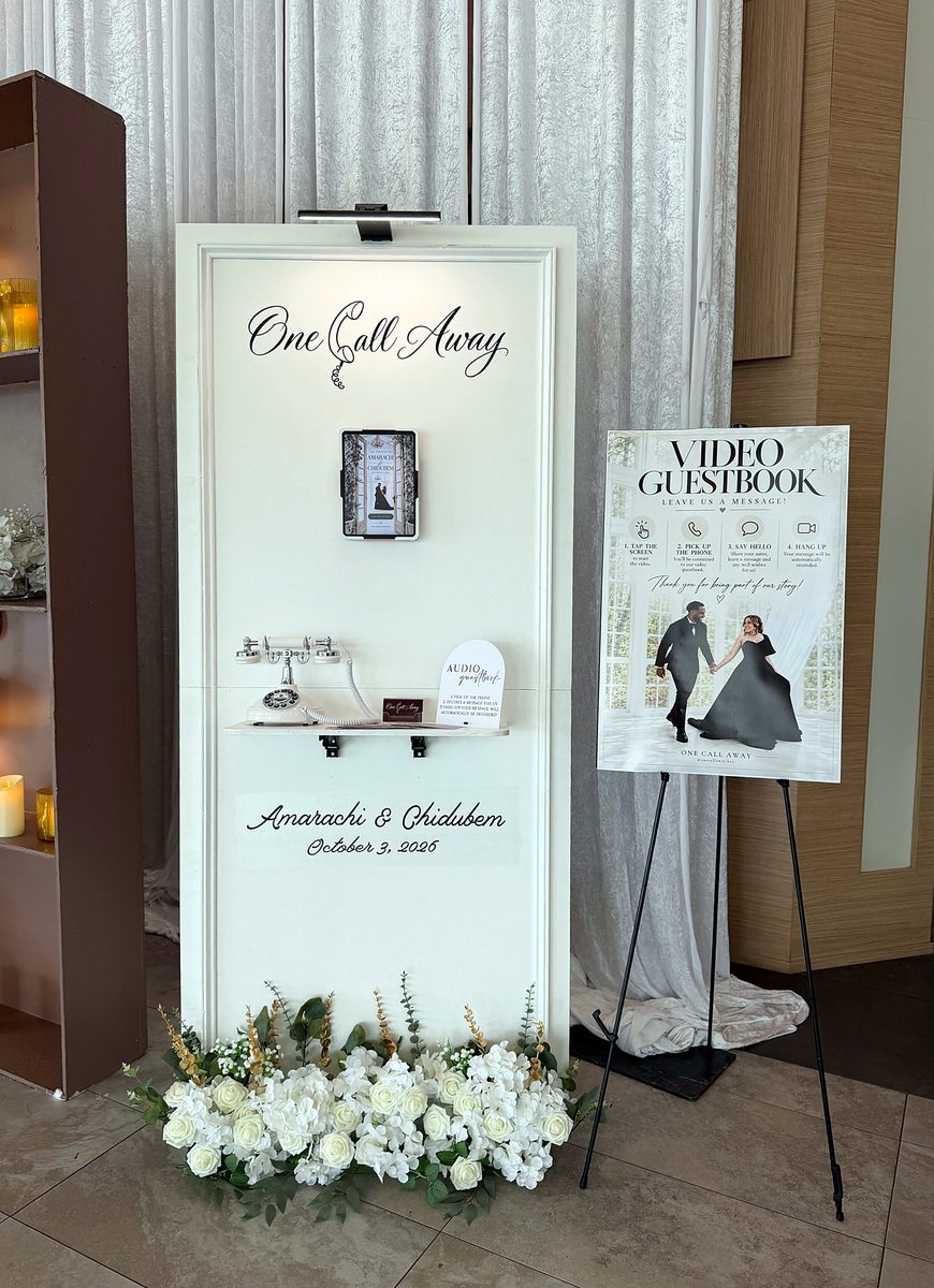 Signature board with audio phone and video guestbook at a wedding